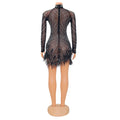 Sexy Pearls Rhinestone Party Dresses Women Elegant Nightclub Feather Birthday Dress Long Sleeve Mesh Sheer Bodycon Dress