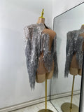 Sexy Mesh See Through Rhinestones Two Pieces Dress Coat Sets Women Sparkly Tassels Performance Singer Dancer Stage Costume