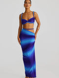 Bandage Ruched 2 Piece Set Women Square Collar Bra+Skinny Long Skirts 2025 Summer Vacation Beach Party Trend Suits
