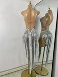 Sparkly Rhinestones Pearls Women Sexy Sleeveless High Split Mesh See Through Birthday Dress Nightclub Party Performance Costume