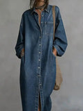 Women Denim Dress Lapel Collar Long Sleeve Loose Maxi Button Down Pocketed Casual Fashion Summer