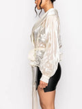 Solid Casual Patchwork Lace Up Blouse For Women V Neck Long Sleeve Spliced Mesh Embroidery Blouses Female Fashion