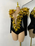 Women Sexy Sparkly Crystals 3D Sequined Stars Velvet Long Sleeve Bodysuit Nightclub Performance Dance Costume Singer Stage Wear