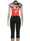Floral Print Lace-Up Hollow Stand Collar Short Sleeve T-Shirts+Skinny Wrap Hip Crop Pants Woman Sexy Fashion Suits