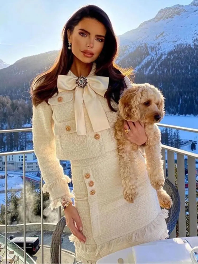 2026 Winter New Women Tweed Fringed 2 Two-Piece Set Sexy Long Sleeve Button Jacket + Short Skirt Set Vestidos Party Suit