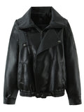 French Retro Pu Leather Jacket for Women Stand Collar Long Sleeve Patchwork Button Temperament Loose Coat Female