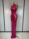 Sparkly Rhinestone Sleeveless Stretch Long Dress Women Sexy Mesh Celebrate Evening Prom Luxury Birthday Dress Evening Party Wear