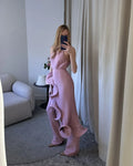 Elegant Women's Halter Ruffles Midi Dress Pleated Irregular Slit Dresses Evening Wedding Guest Pink Yellow Blue Party Prom 2026