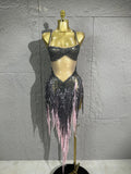 Singer Stage Nightclub Outfit Sexy Chic Gray Pink Glittering Beaded Fringed Halter Dress Performance Costume Dance Party
