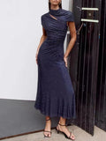 Elegant Business Style Purple Sparkle Gown for Women Asymmetrical Neck Short Sleeves Ruched Waist Skirt for Wedding Toasts