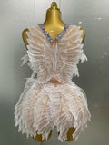 Sexy Shining Gold Crystal Transparent Wings Mini Dress 2025 Women Birthday Party Bar Nightclub Singer Stage Performance Costume