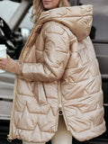 Women Hooded Quilted Mid-Length Puffer Coat Zipper Shiny Surface Warm Cotton Padded Jacket 2026 Fashion Casual Winter Outerwear