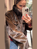 Women's Brown Faux Fur Cropped Jacket Fashion Stand Collar Single Breasted Pocket Casual Coat Lady 2026 Spring Chic Outerwear