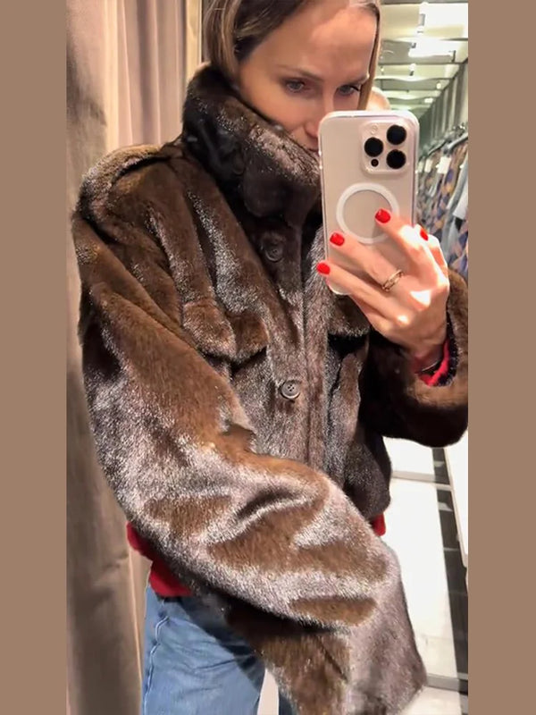 Women's Brown Faux Fur Cropped Jacket Fashion Stand Collar Single Breasted Pocket Casual Coat Lady 2026 Spring Chic Outerwear