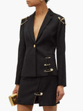 Chic Spliced Metal Pin Slimming Blazer for Women Notched Collar Long Sleeve Patchwork Mesh Hollow Out Fashion Jacket Female