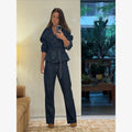 Women Dark Blue Denim Sets Vintage Lapel Belted Peplum Long Sleeve Cuff Top Wide Leg Pants Outfit 2026 Lady Autumn Chic Suits