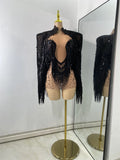 Sexy Mesh See Through Rhinestones Two Pieces Dress Coat Sets Women Sparkly Tassels Performance Singer Dancer Stage Costume