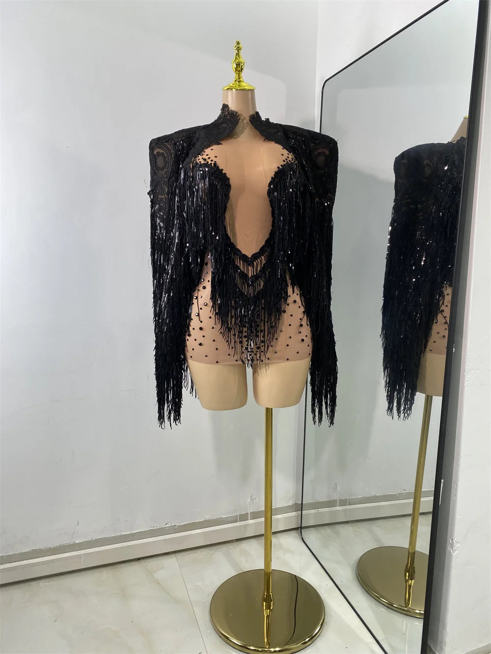 Sexy Mesh See Through Rhinestones Two Pieces Dress Coat Sets Women Sparkly Tassels Performance Singer Dancer Stage Costume
