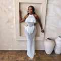 Elegant Halter Neck Long Dress for Women Ruffle Tiered Bodice Side Cutout Sheer Mermaid Skirt Sexy Party Prom Wedding Guest