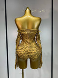 Sexy Strapless Gold Shinning Rhinestone Bodycon Bodysuit With Glove Bar Dancer Nightclub Singer DJ Stage Costume Birthday Outfit
