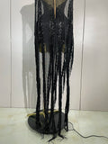 Sexy Black Rhinestones Sequins Tassel With Cape Mesh Transparent Dress Women Evening Birthday Party Nightclub Dance Stage Outfit