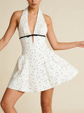 Polka Dot Halter Mini Dress for Women Sleeveless Bow Accent Waist Pleated Bodice Flared Skirt for Fashion Parties