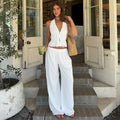 Halter Neck Vest Two-Piece Trouser Set Female Spring Summer New Lace-Up Top Wide-Leg Trousers Pure Cotton Women's Suit
