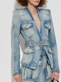Shoulder Pud Designer Denim Coat for Women Deep V Nek Long Sleeve Patchwork Sashes Sexy Fashionable Jacket Female Clothing