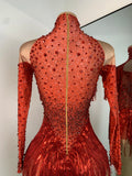 Red Rhinestones Skinny Bodysuit Women Sexy Long Sleeve Tassel Performance Singer Dance Costume Nightclub Celebrate Stage Wear