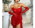 Women Sexy Strapless Backless Red Lace Split Mni Bodycon Dress With Gloves Celebrity Elegant Evening Club Birthday Party Outfit