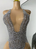 Sexy Mesh See Through Bodysuit Women Glitter Rhinestones Tassel Sleeveless Performance Dance Costume Nightclub Bar Stage Wear