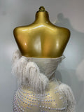 Women Sparkly Rhinestone Tassel Off The Shoulder Mesh See Through Long Dress Sexy Eveing Party Birthday Nightclub Stage Costume