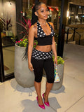 Patchwork 2-Piece Set Women Backless Halter Low-Neck Vest+Folds Elastic Waist Short Fashion Polka Dot Print Suits