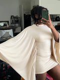 Weird Puss Sexy Bat Sleeve Dress Women Basic Classic Ruched O-Neck Stretch Skinny Coquette Midnight Party Club Peach Hip Bodycon