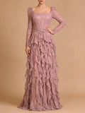 Wedding Guest Pink Square Collar Lace Maxi Dress for Women Corset Bodice Long Sleeve Tiered Ruffle Skirt for Luxury Dinner