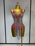 Sparkly Rhinestones Tassels Black Red Bodycon Bodysuits Nightclub Performance Stage Outfit Luxury Birthday Photo Shoot Clothing