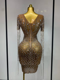 Luxury Sparkly Rhinestones Tassel Transparent Mesh Stretch Long Dress Women Evening Celebrate Birthday Dress Sexy Stage Costumes