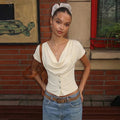 Women Summer Top Fashion Button-Front Patchwork V-Neck Pleated Fitted Top New Casual High-Street Party Female T-Shirts