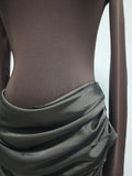 Elegant Style Pencil Dresses for Women O Neck Shoulder Pud Long Sleeve High Waist Pleated Slim Maxi Dress Female