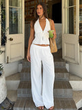 Halter Neck Vest Two-Piece Trouser Set Female Spring Summer New Lace-Up Top Wide-Leg Trousers Pure Cotton Women's Suit