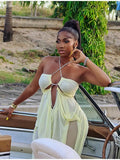 Sexy Yellow Chiffon Halter Maxi Dress Lady Chic Hollow Out Backless Lace Up Sleeveless See Through Robe Female Spring Party Wear