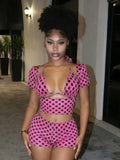 Sexy Dot Print 3 Piece Sets Women Chic Halter Bra Tops+Short Sleeves Crop Tops+Shorts Skinny Beach Vacation Clubwear