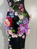 Sexy Halter Mesh See Through Long Dress Women Sparkly Diamonds 3D Flower Evening Party Birthday Photoshoot Nightclub Stage Wear