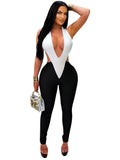 Sexy Halter Jumpsuit Women Summer V-Neck Backless Patchwork Peach-Shaped Butt Elastic Tight Birthday Party Overalls