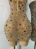 Sparkly Colorful Diamond Sexy Black Sheer See Through Dress Girls Mini Short Prom Dress Birthday Party Club Performance Dress