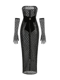 Sexy Strapless Sequin Mesh See Through Long Dress with Gloves Women Perspective Design Slim Dresses Evening Party Gowns