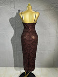 Women Dark Brown Spaghetti Strap Beaded Sequins Midi Dress Suitable for Formal Dinners, Cocktail Parties, Guests and Party