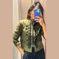 Women Woven Patchwork Napoleon Jacket Shoulder Pad Long Sleeve Hook Closure Street Blazer 2026 Spring Chic Casual Edgy Crop Coat