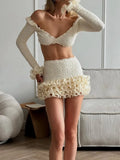 White Spliced Fungus Two Piece Set Female V Neck Long Sleeve Vest Beach Vacation Women's Skirt Sets Summer Fashion