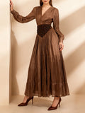French Retro Vacation Dress for Women V Neck Lantern Sleeve Spliced Bead Square Scarf Tunic Temperament Long Dresses Female